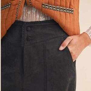 SUEDE RUFFLE TRIM WIDE LEG PANTS IN CHARCOAL